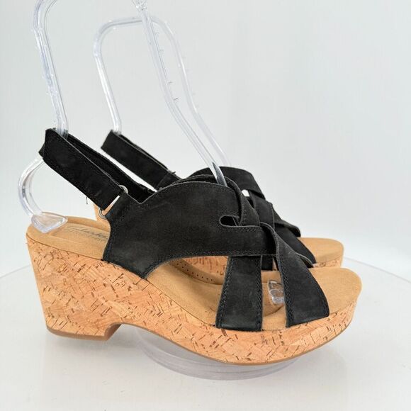 Clarks Giselle Beach Strappy Cork Wedge Heel Platform Sandals Black Size 10M - Picture 3 of 14